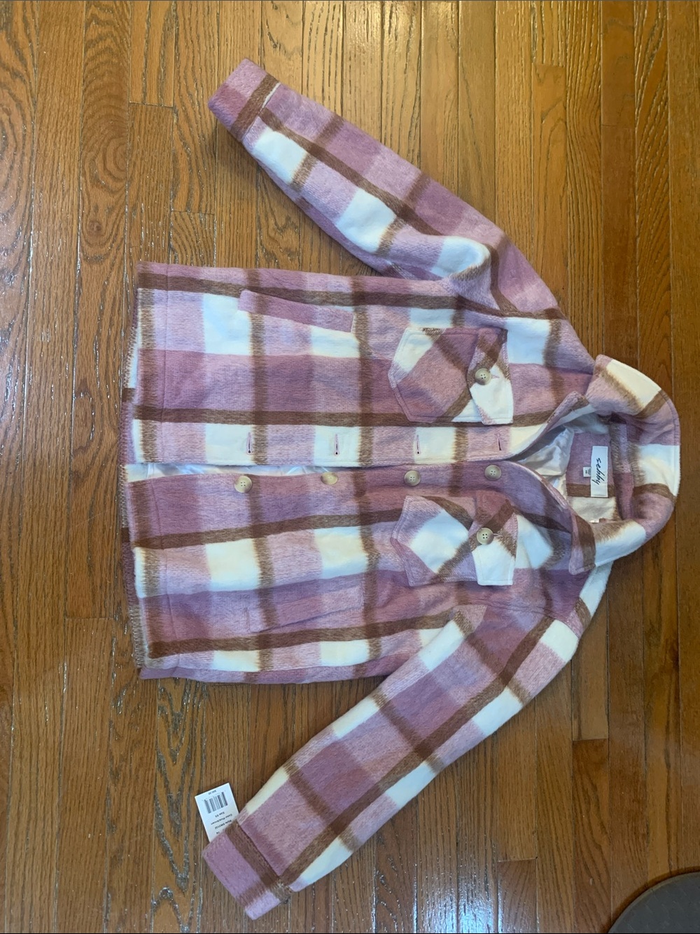 Sebby Pink & White Plaid Hooded Button-Up Jacket